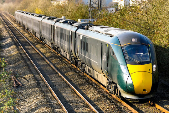 Pontyclun, near Cardiff, Wales - March 2019: London bound Class 800 inter city express train operated by Great Western Railway passing through Pontyclun in South Wales.