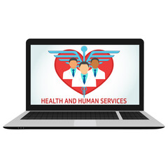Health and human services vector illustration. Heart, doctors, caduceus inside a laptop. Emergency,medical, insurance concept design for banner, web.