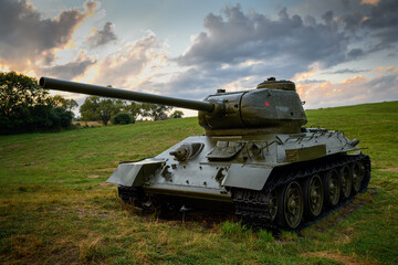 Soviet medium tank T-34 85 in the Valley of Death (Udolie smrti) - WWII battle area (the Battle of the Dukla Pass). Slovakia - Svidnik region - between the villages Kapišová, Kružľová and Nižná Pisana