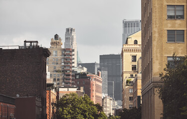 New York City diverse architecture, color toning applied, USA.