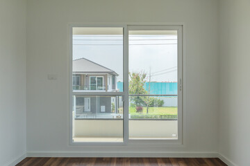 Empty room with glass window frame house interior on concrete wall
