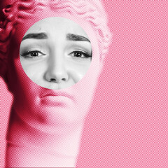 Contemporary collage of plaster statue head in pop art style tinted pink and emotional fashion young woman with unhappy upset facial expression