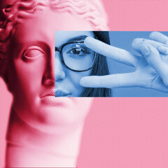 Contemporary collage of plaster statue head in pop art style tinted pink and emotional fashion...