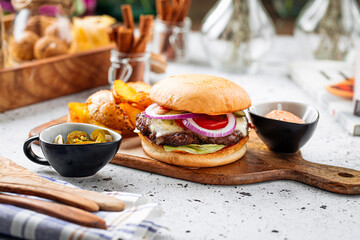 Classic burger set with jalapeno and potato wedges