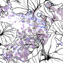 Floral Black White Pattern. Modern Watercolor