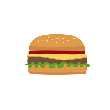 Vector hamburger. American cheeseburger with tomato, lettuce, cheese, beef and sauce. Fast food. Flat illustration