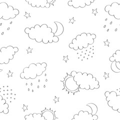 Seamless pattern with clouds, sun and moon, rain and snow. Hand drawn contour sketch. Background for poster, cover booklet, banner, surface design.