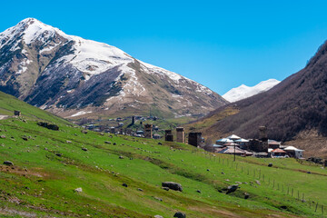 Fototapeta na wymiar View of the Ushguli village at the foot of Mt. Shkhara