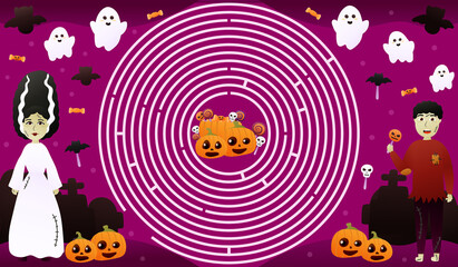 Fototapeta premium Circle maze for kids with colourful halloween character, find way to candies, cute pumpking faces and flyingg ghosts on purple background, printable worksheet for halloween or children books