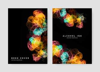 Abstract brochure A4 cover layout with alcohol ink texture, original dark background for print materials, booklet template design for business, watercolor texture, unique wallpaper with golden element