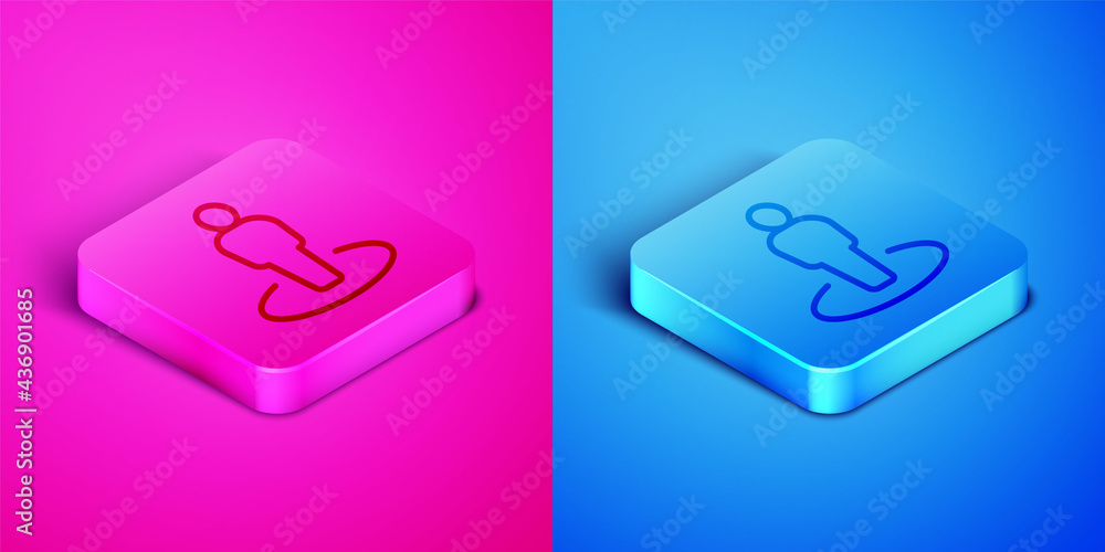 Poster isometric line map marker with a silhouette of a person icon isolated on pink and blue background. g