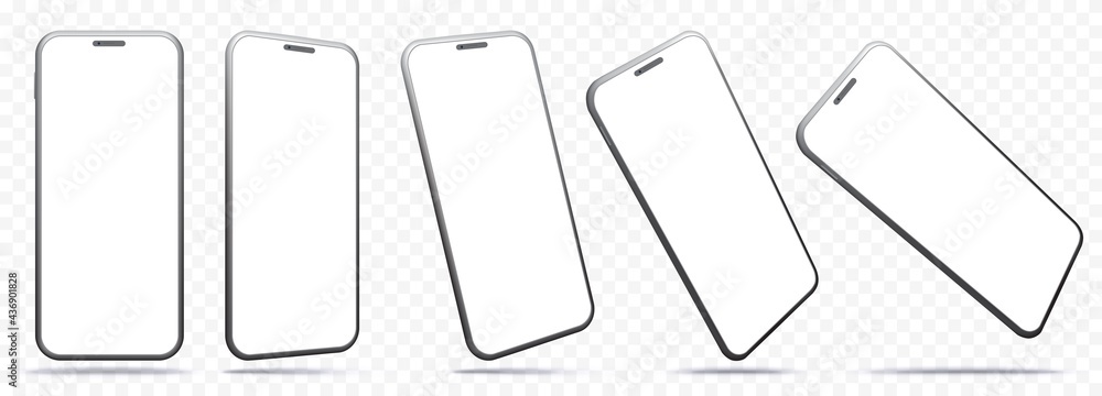 Wall mural mobile phone vector mockup with perspective views. smartphone screens isolated on transparent backgr