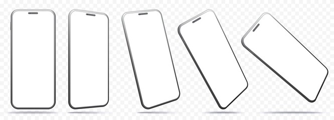 Mobile Phone Vector Mockup With Perspective Views. Smartphone Screens Isolated on Transparent Background.