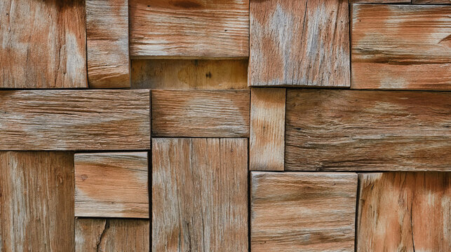 Patchwork of raw brown and gray wood forming a parquet wood pattern. Wood wall pattern. Old wooden wall. © VLADISLAV