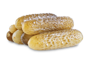 Pickled cucumbers with dill and garlic slices on a white isolated background