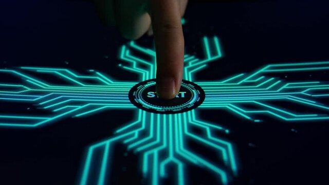 Human Finger Pushes Touch Digital Start Button With Futuristic Artificial Intelligence Spreading Through Internet. Visualization Of Machine Learning, Computer Technology, Neural Network