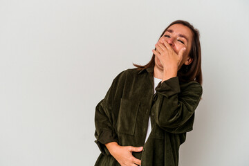 Middle age caucasian woman isolated on white background laughing happy, carefree, natural emotion.