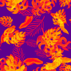 Fototapeta na wymiar Monstera Pattern Painting. Violet Seamless Texture. Nature Texture. Neon Watercolor Jungle. Tropical Jungle. Floral Plant. Summer Backdrop.Isolated Foliage.