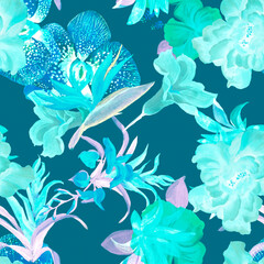 Fototapeta na wymiar Turquoise Flower Jungle. Blue Summer Wallpaper. Green Seamless Foliage. Watercolor Illustration. Pattern Backdrop. Floral Plant. Exotic Leaves. Botanical Set.