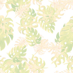 Pink Monstera Foliage. Brown Seamless Foliage. Gray Tropical Texture. Pattern Monstera. Watercolor Decor. Floral Background. Summer Background. Isolated Illustration.