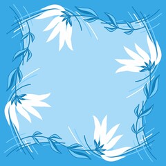 A square wreath of fine strokes, twigs with leaves and large white flowers on a blue background for a greeting card, invitation or poster.