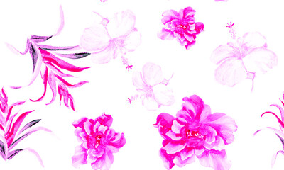 Fototapeta na wymiar Fuchsia Hibiscus Plant. Purple Flower Palm. Pink Seamless Design. White Watercolor Set. Pattern Texture. Tropical Textile. Exotic Jungle. Art Textile