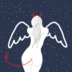 Girl in the image of an angel and a demon against the background of the starry sky