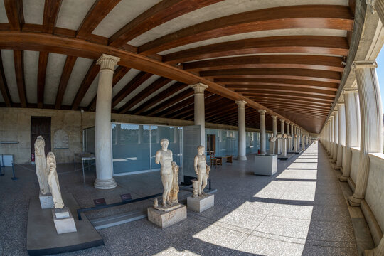 Athens, Attica, Greece - May 23, 2021: Stoa of Attalos (Attalus) interior view of the upper floor. Greek, Roman antiquities at the archaeological site of Ancient Agora of Athens under Acropolis rock