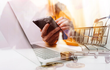 Digital marketing media in virtual screen.businesswoman hand working with mobile phone and modern...