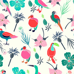 Seamless pattern with different tropical birds and exotic flowers. Hand drawn elements. Colorful illustration. Vector print. © NNENASTUDIO