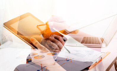 Digital marketing media in virtual screen.businesswoman hand working with mobile phone and modern...
