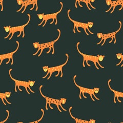 Cartoon tiger and lion seamless pattern. Colorful vector illustration.