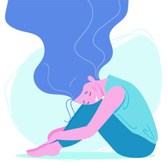 Happy woman with streaming hair sits on the floor. Body positive and health care concept. Vector illustration in flat cartoon style