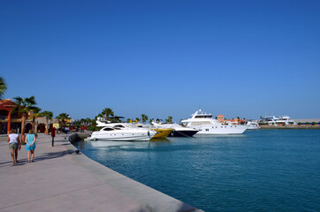 Egypt, Sinai, Hurghada, Red Sea, September 29, 2014: a pleasure boat in the Red Sea at the pier of...