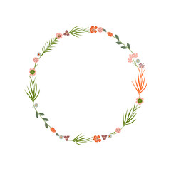 Elegant Floral Wreath. Tiny Cute Flowers, Leaves and Branches. Border Frame For Invitation Cards, Wedding Decoration, Romantic Ornaments. Vector Illustration.