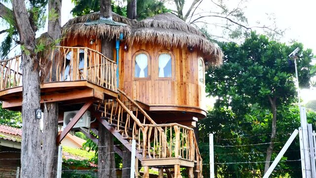Unusual Wooden Treehouse with Rays of Sunset on Background. Designer Housing on Tropical Island. Unique Resort with Luxurious Tree House for Travelers. 4k