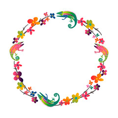 Decorative round frame with exotic animals and flowers. Chameleons and flowers. Tropical colors. Hand drawn vector illustration.