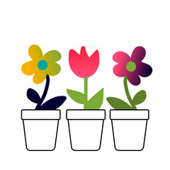 Cute stylized colorful flowers in pots. Vector illustration in doodle style.