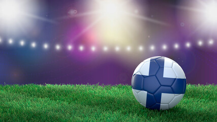 Naklejka premium Soccer ball in flag colors on a bright blurred stadium background. Finland. 3D image