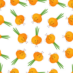 Cute smiling cartoon style onion, onion bulb vegetable characters and hearts vector pattern background for food design.