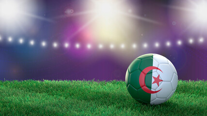 Fototapeta premium Soccer ball in flag colors on a bright blurred stadium background. Algeria. 3D image