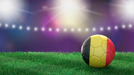 Fototapeta premium Soccer ball in flag colors on a bright blurred stadium background. Belgium. 3D image
