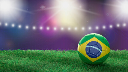 Soccer ball in flag colors on a bright blurred stadium background. Brazil. 3D image