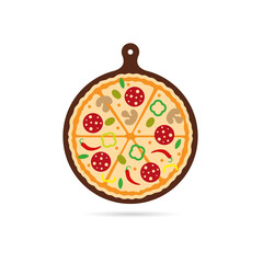 Pizza on a round board, ingredients for a pizzeria on a board, slices of food. Eat delicious Italian pizza. Vector, illustration