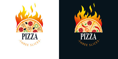 set of logo or emblem, three slices of pizza and flame of fire. Suitable for pizza boxes, menu design or food delivery. Vector, illustration