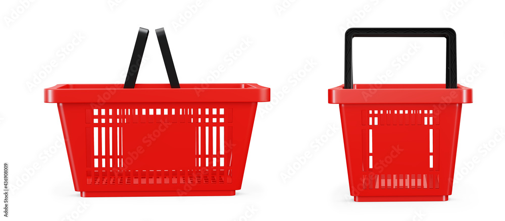 Wall mural red shopping basket. online buying and delivery. render 3d. isolated on white background