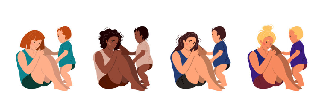 Sad mothers of different ethnicity sitting on the floor with her crying child. Postpartum depression concept. Colorful vector illustration in flat cartoon style.