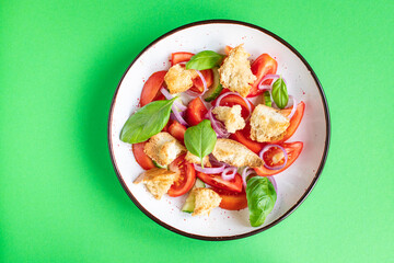tomato vegetable salad panzanella veggie croutons, olive oil, rusk healthy food meal snack copy space food background  vegan vegetarian food