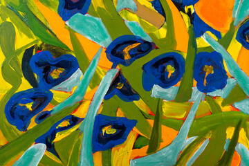 Abstract painting fragment with vibrant colors, strong shapes and brushstrokes textures. Artistic unique painting.
