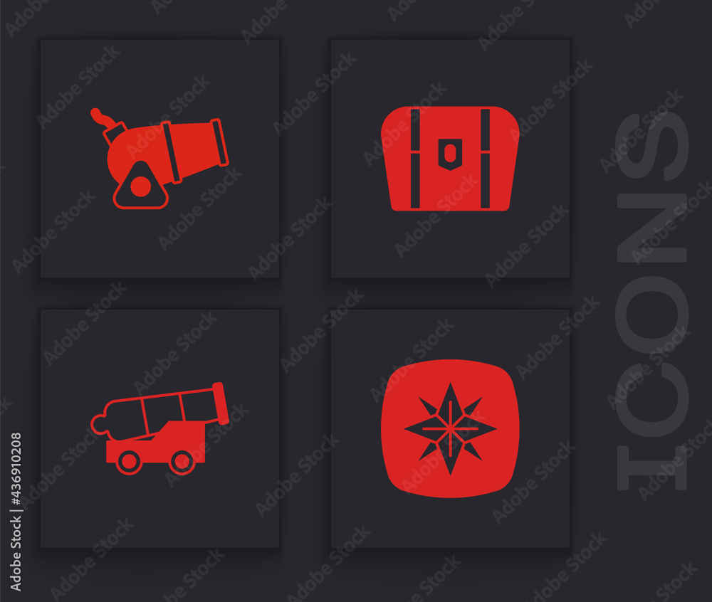 Sticker Set Wind rose, Cannon, Antique treasure chest and icon. Vector